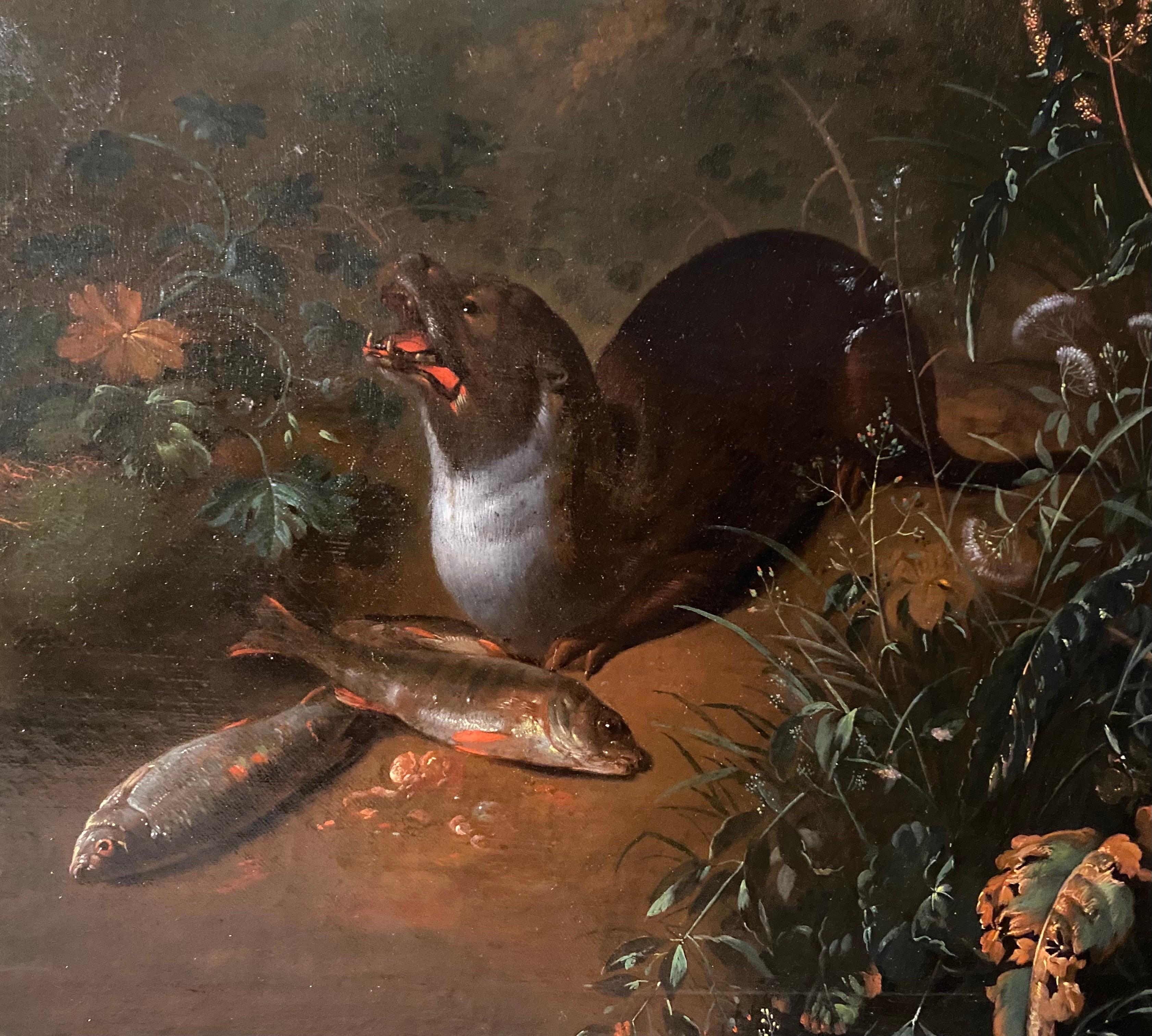 niederländisches Stillleben aus dem 17. Jahrhundert, das einen Otter mit seiner Beute in einer kunstvollen Landschaft zeigt

Dieses sehr schöne Gemälde zeigt einen Otter mit seiner Beute an einem Flussufer in einer üppigen Landschaft mit Farnen und