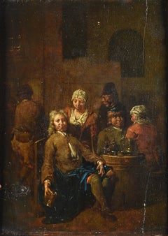 Antique 17th Century Dutch School, Peasants in a tavern