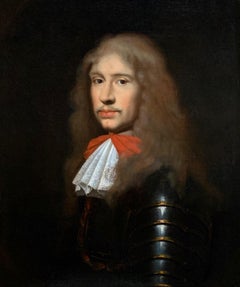 17th Century English Portrait an Officer in Armour with White Cravat and Red Bow
