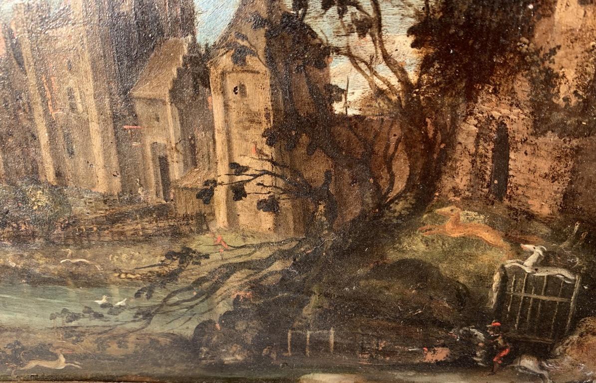 17th century Flemish landscape painting - Oil on copper Paul Brill Deer Hunting For Sale 3