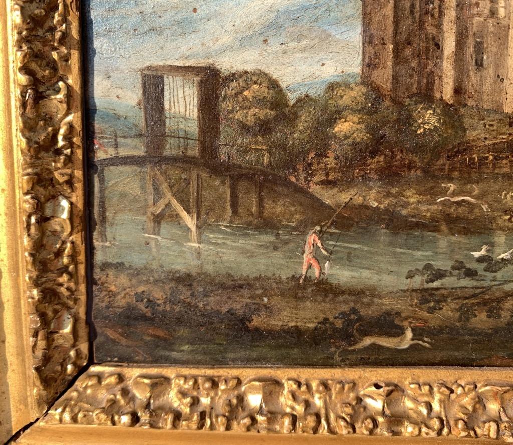 17th century Flemish landscape painting - Oil on copper Paul Brill Deer Hunting For Sale 1