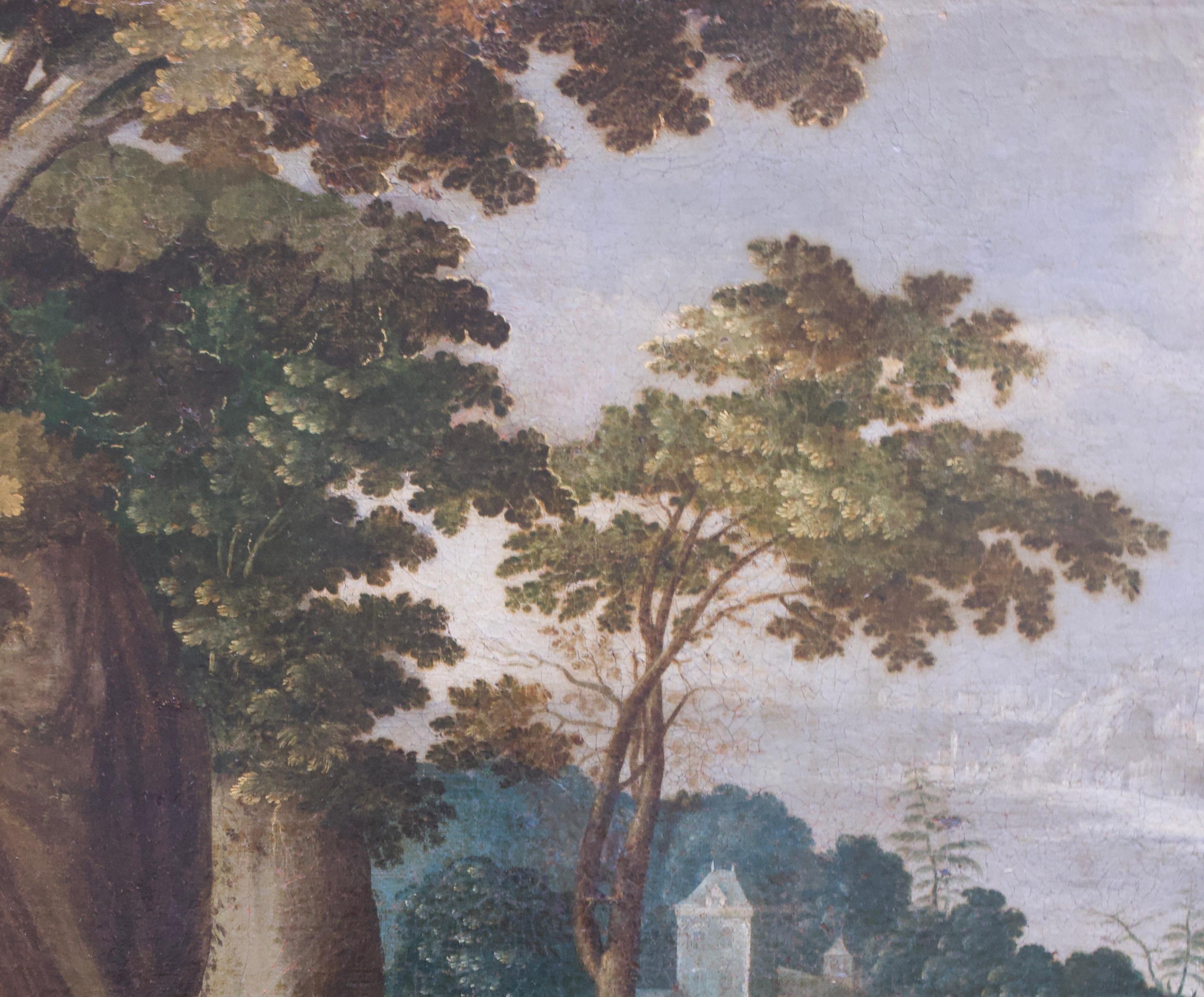 paysage boisé flamand du XVIIe siècle avec château et ville perchée. en vente 7