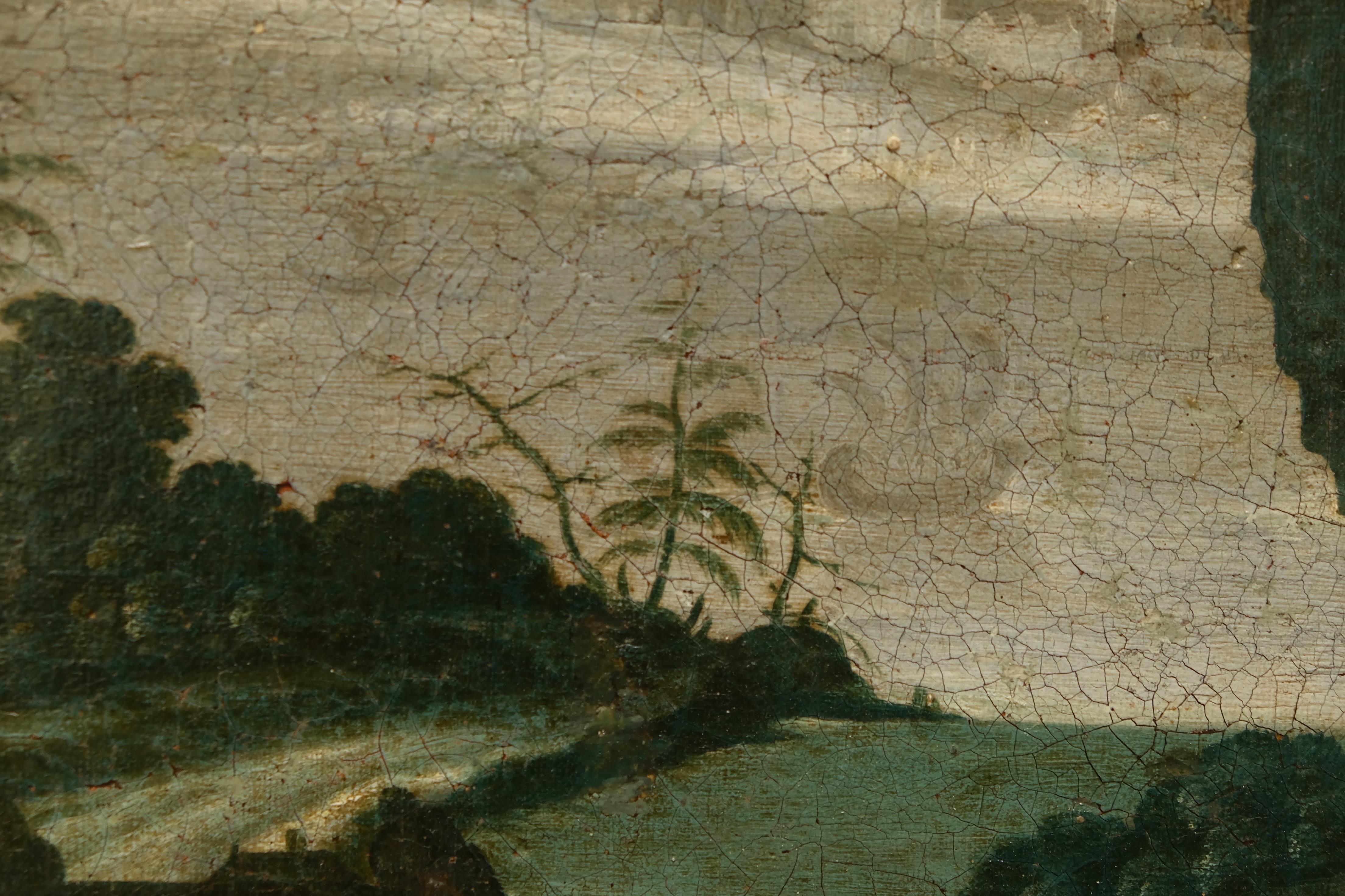 17th century Flemish wooded landscape with castle and hilltop town. in vendita 11