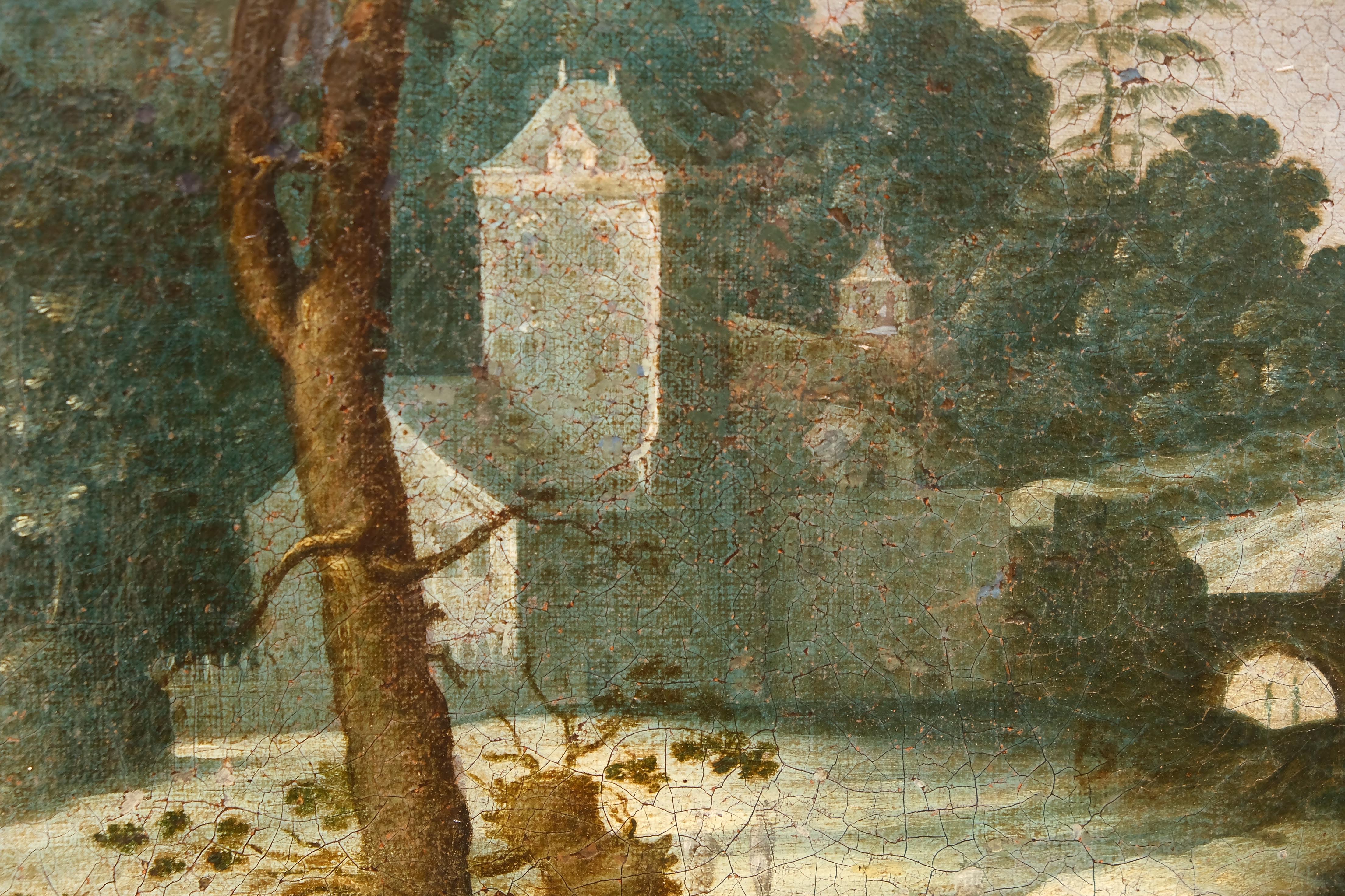 paysage boisé flamand du XVIIe siècle avec château et ville perchée. - Painting de Unknown