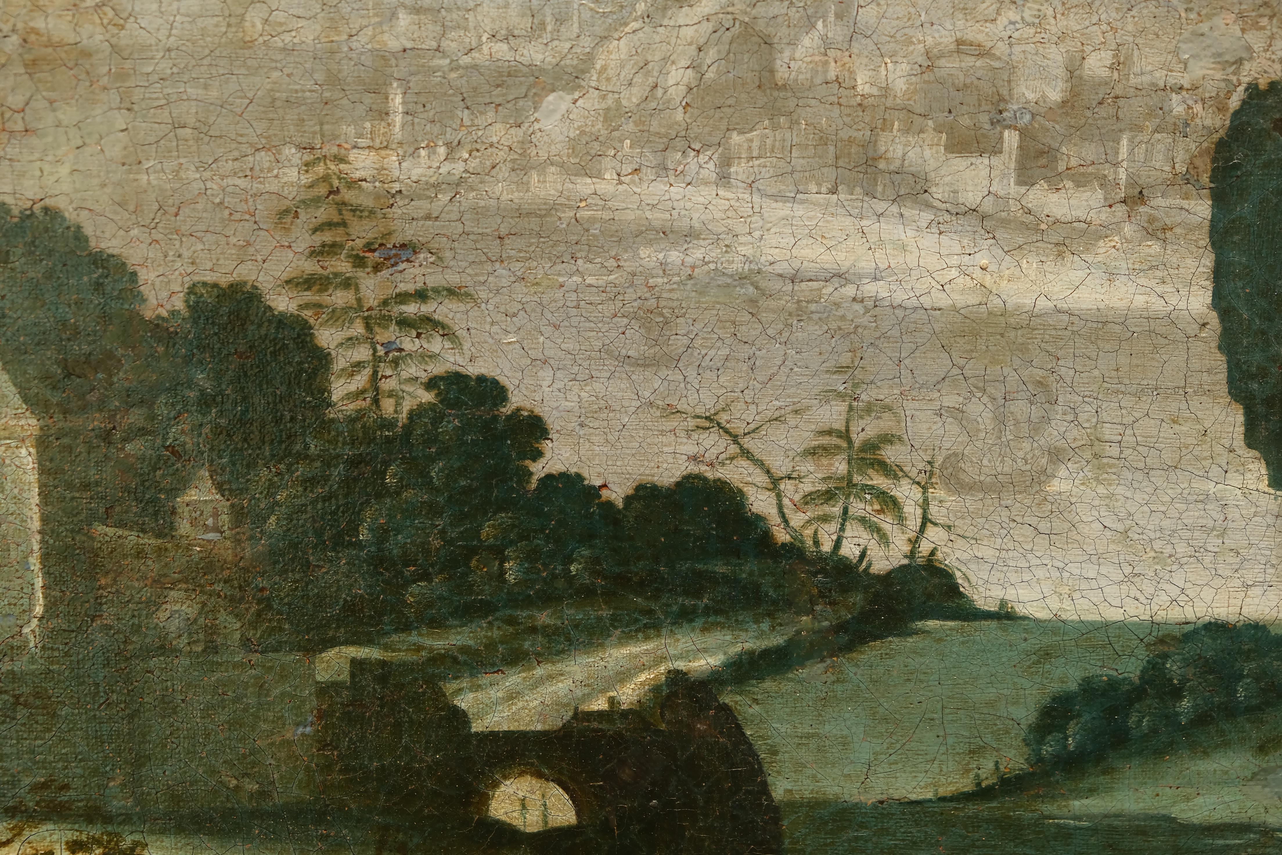 paysage boisé flamand du XVIIe siècle avec château et ville perchée. - École flamande Painting par Unknown