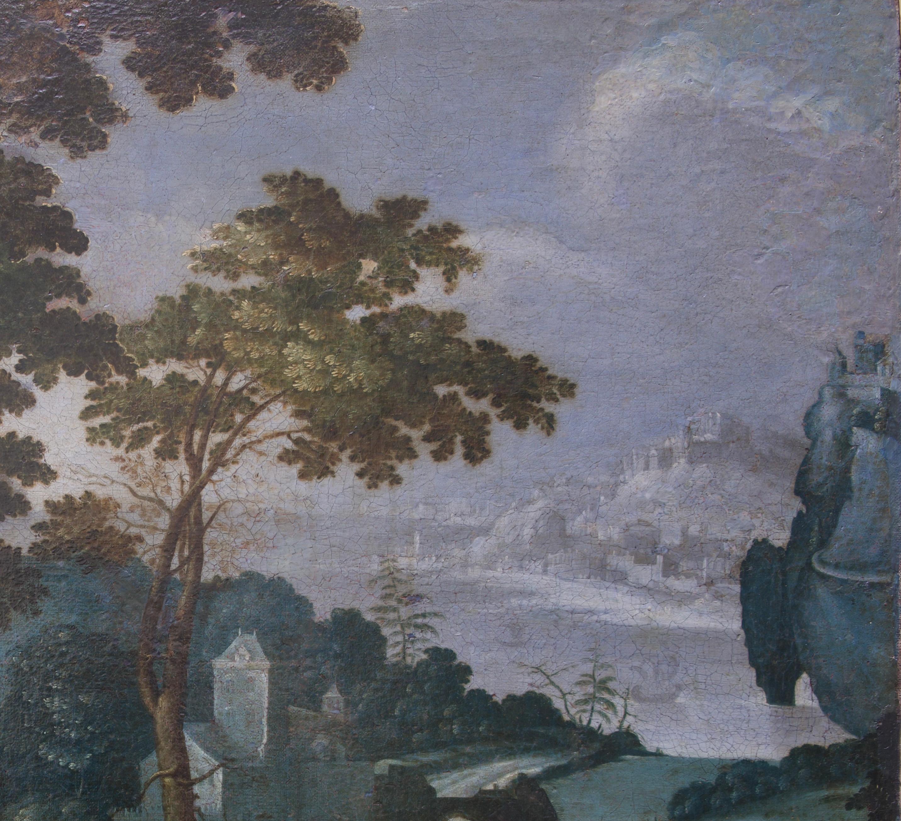 paysage boisé flamand du XVIIe siècle avec château et ville perchée. en vente 2