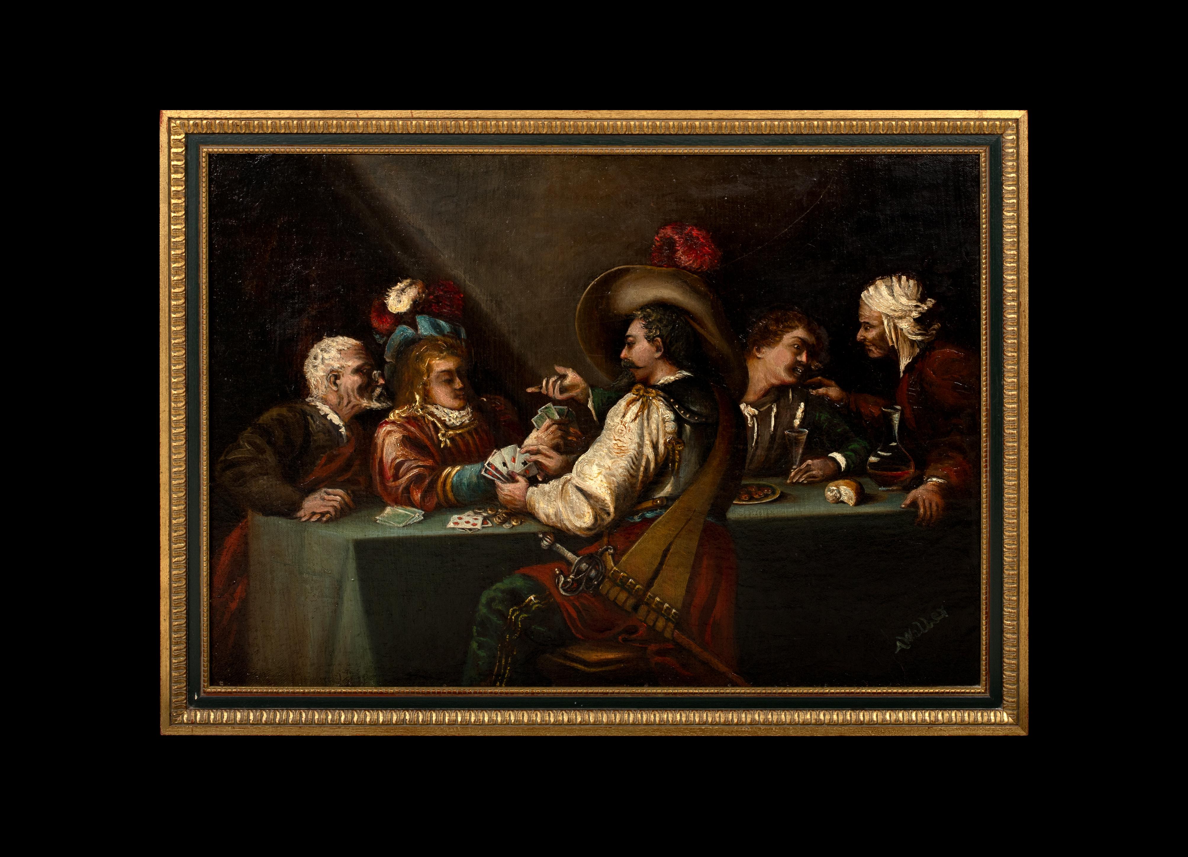17th Century French Cavaliers Gambling, Card Game Cheats, 19th Century - Painting by Unknown
