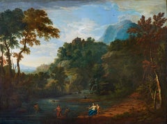 17th Century French School Landscape Nature Oil on Canvas Green blue
