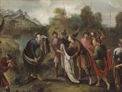 17th Century French School Religious Scene Holy Bible Oil on Canvas Green Blue