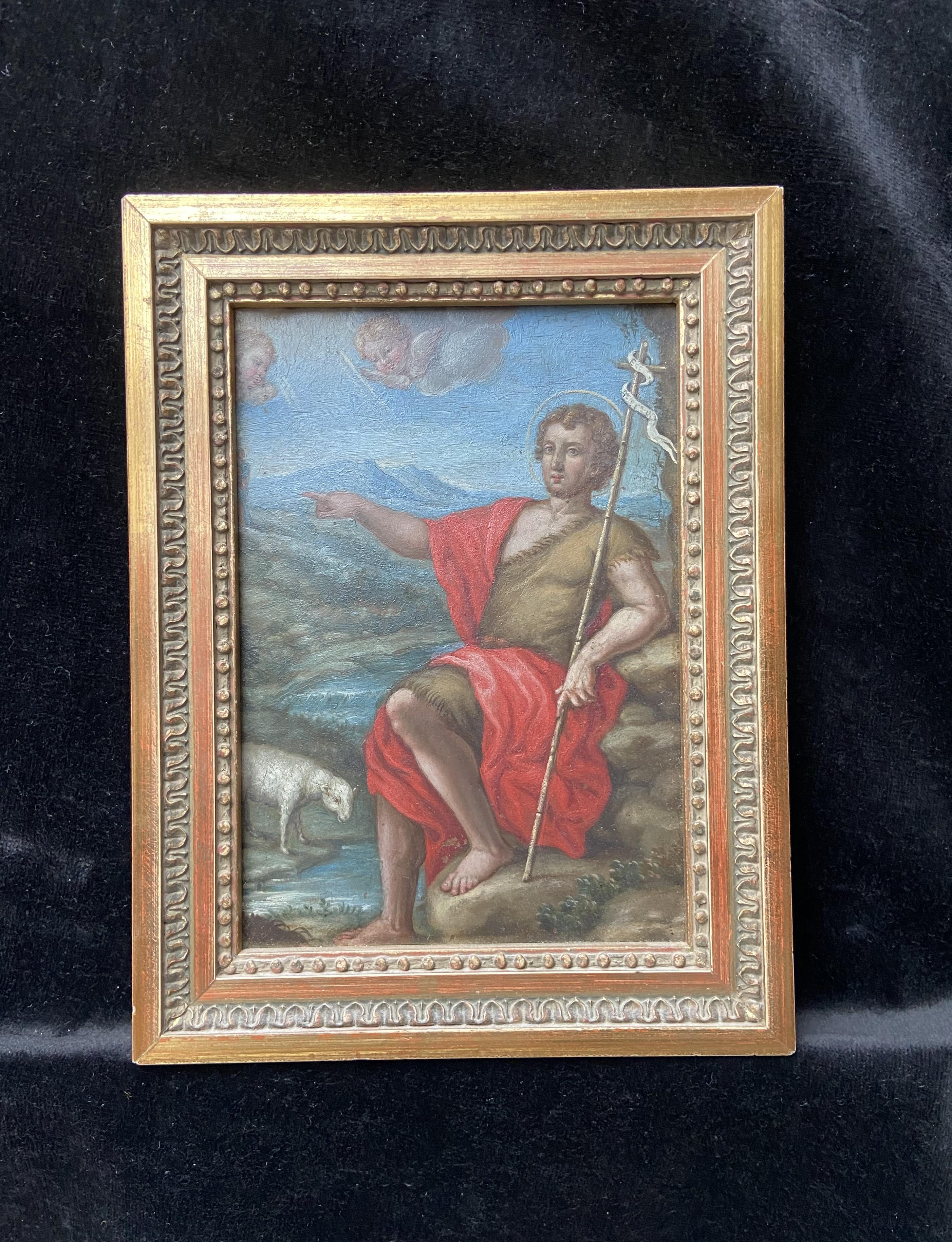 17th Century French School, Saint John the Baptist, oil on copper - Painting by Unknown