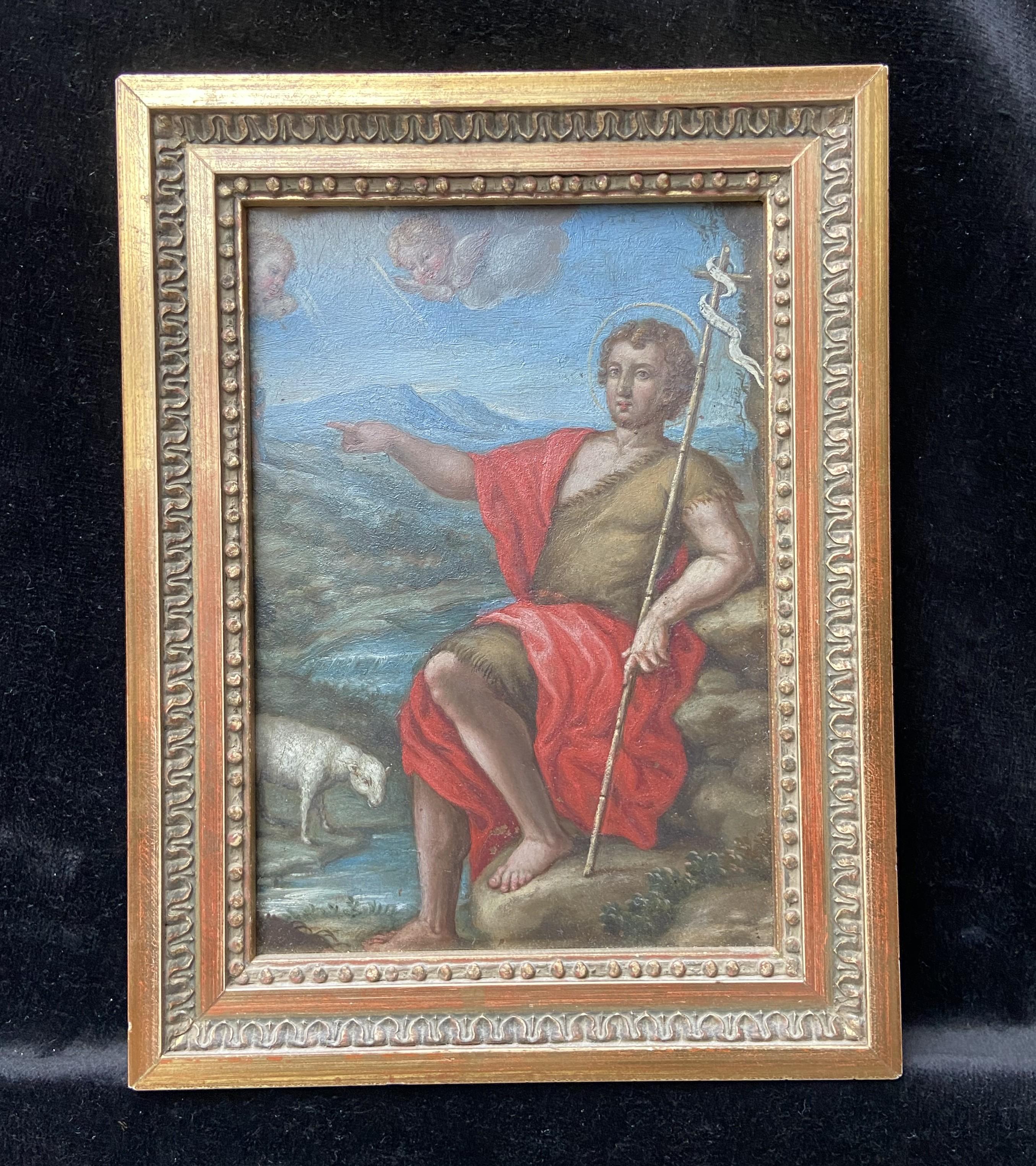 17th Century French School
Saint John the Baptist in a landscape
oil on copper
17 x 11.5 cm
In good condition except very small loss of painting in the lower left  part
In a modern frame : 21.8 x 16.5 cm

This small painting is an interesting and