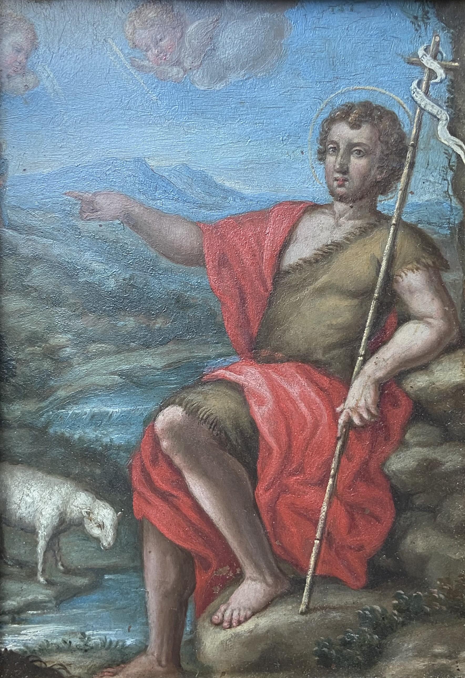 Unknown Figurative Painting – Französische Schule des 17. Jahrhunderts, Saint John the Baptist, Öl auf Kupfer