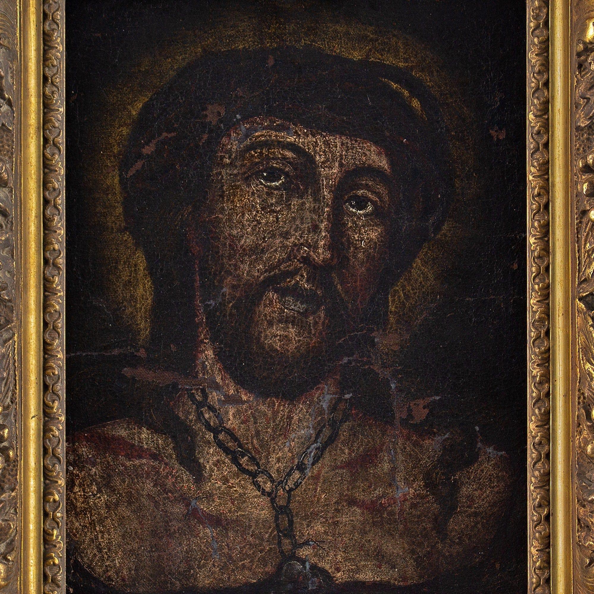An evocative 17th-century oil on canvas depicting Christ wearing a crown of thorns and a heavy chain. He looks up towards the heavens with an expression of hope - while his eyes are laden with tears.

Throughout the centuries, ‘the Passion’, which