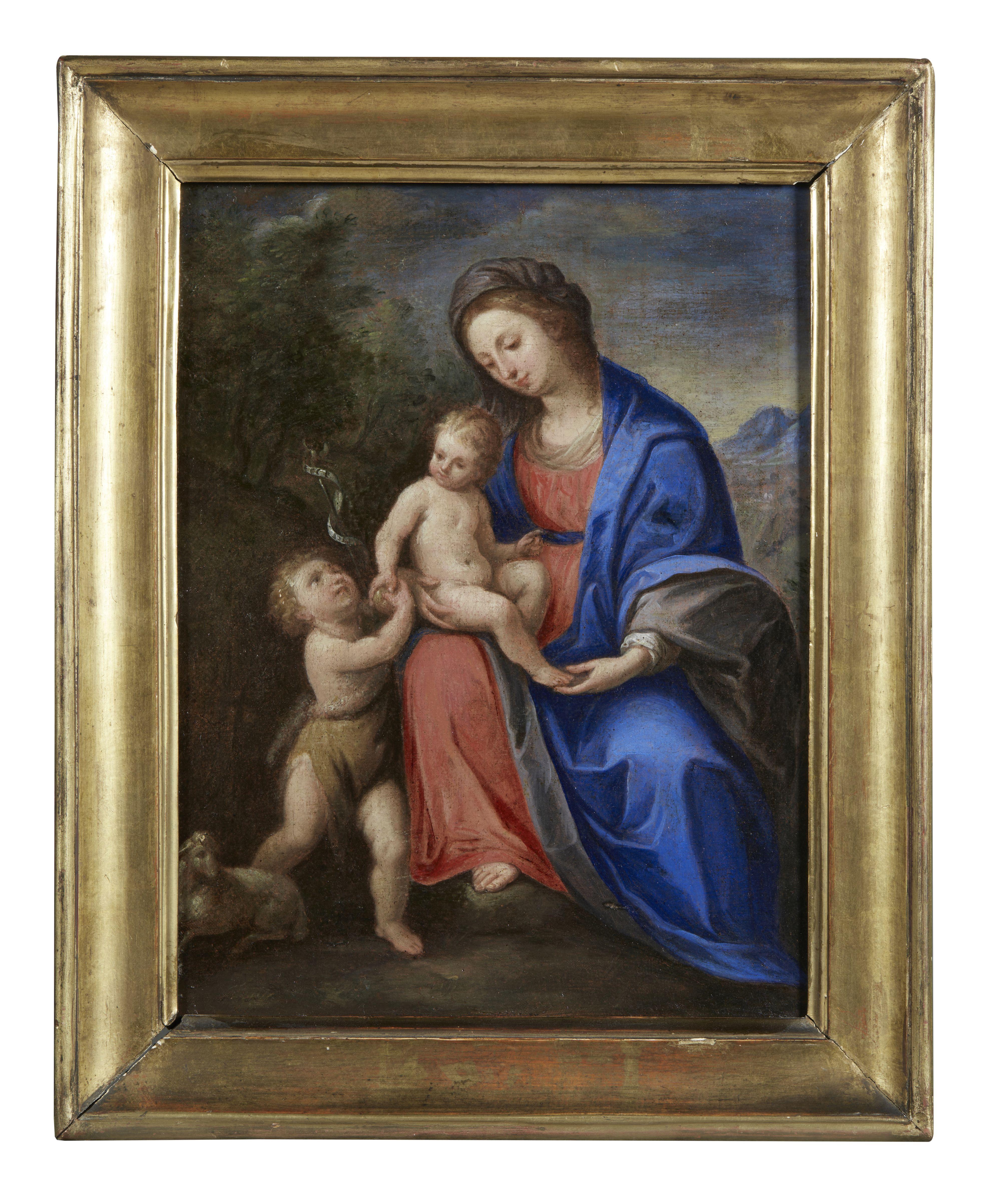 17. Jahrhundert Heilige Familie Italienische Schule Madonna mit Kind Öl auf Leinwand Blau  – Painting von Unknown