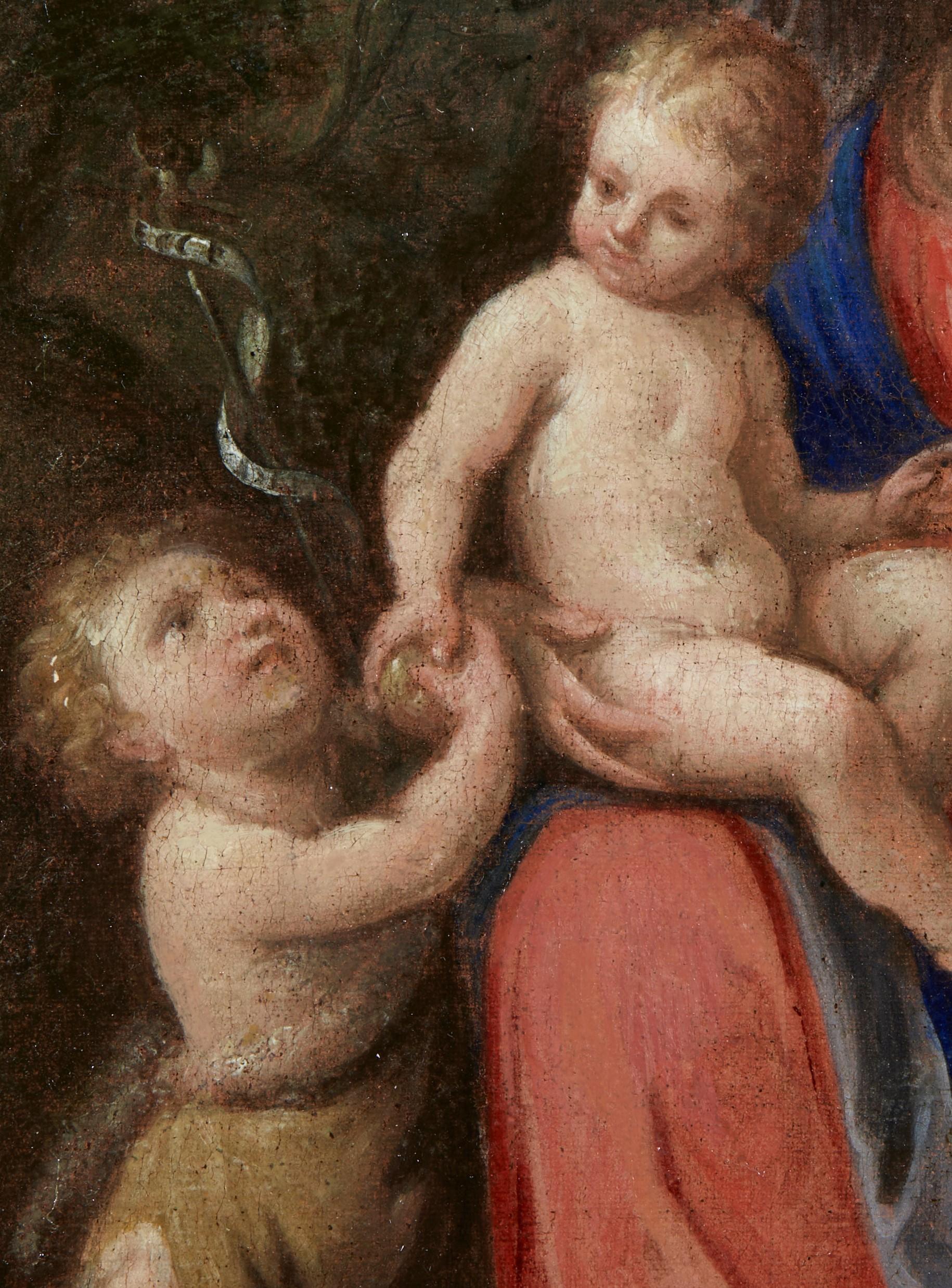 17. Jahrhundert Heilige Familie Italienische Schule Madonna mit Kind Öl auf Leinwand Blau  (Schwarz), Figurative Painting, von Unknown