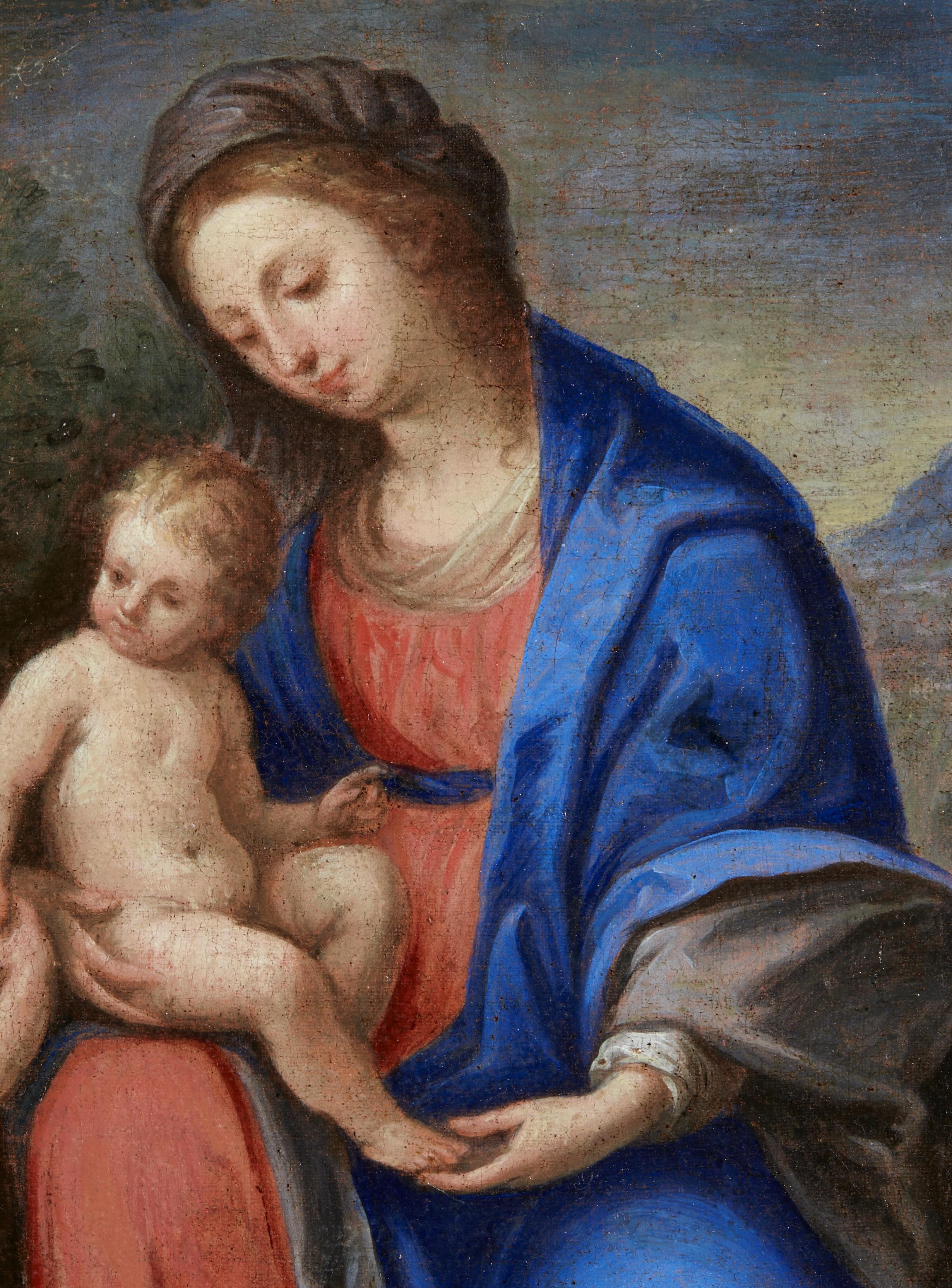 XVIIe siècle Sainte Famille Madonna et Child de l'école italienne Huile sur toile Bleu  - Noir Figurative Painting par Unknown