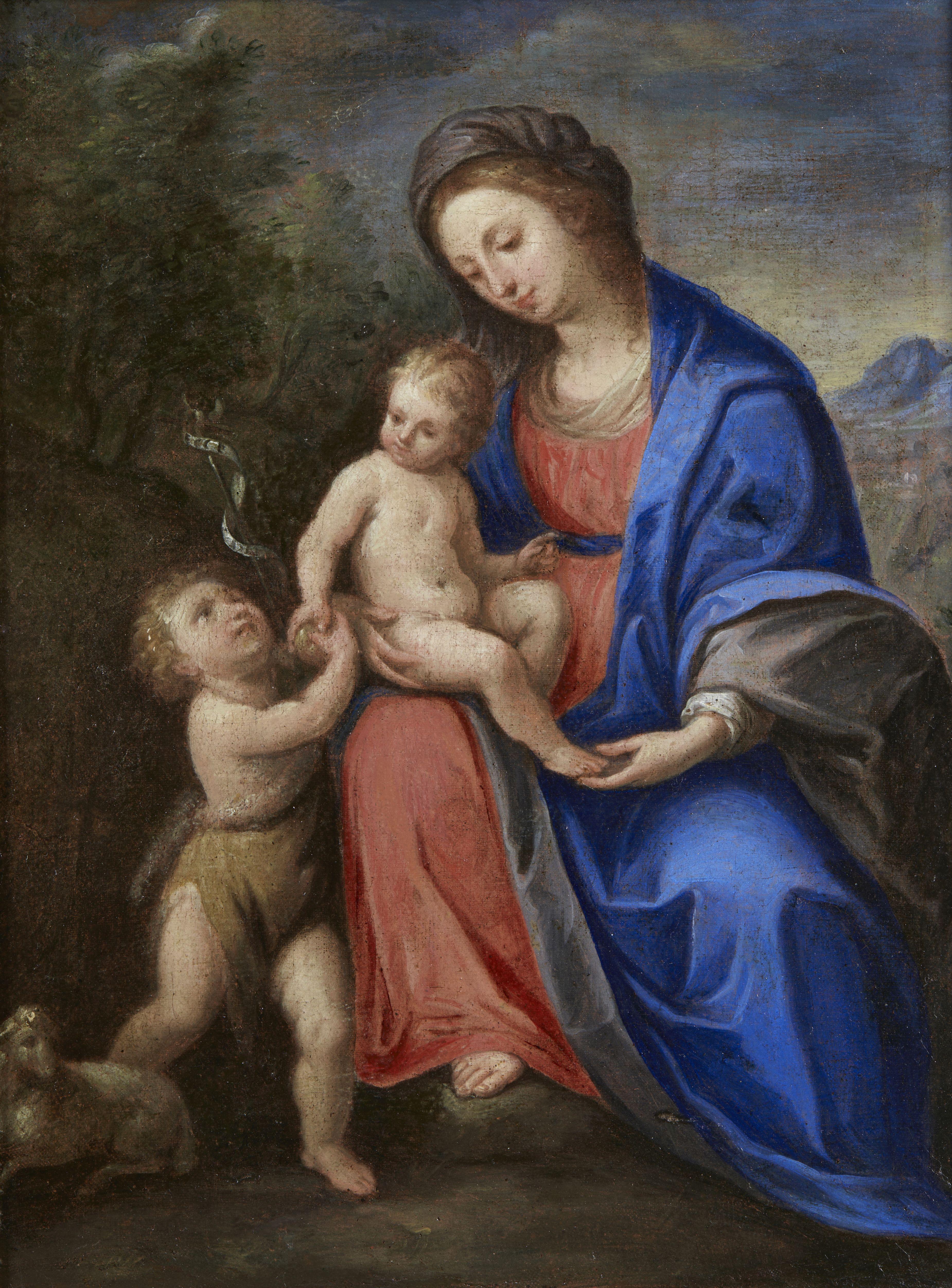 Unknown Figurative Painting – 17. Jahrhundert Heilige Familie Italienische Schule Madonna mit Kind Öl auf Leinwand Blau 