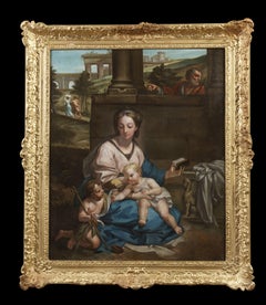 huile sur toile de la Madone et de l'Enfant de l'école romaine de la Sainte Famille du XVIIe siècle Bleu