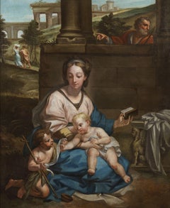 Antique 17th Century Holy Family Roman School Madonna and Child Oil on Canvas Blue