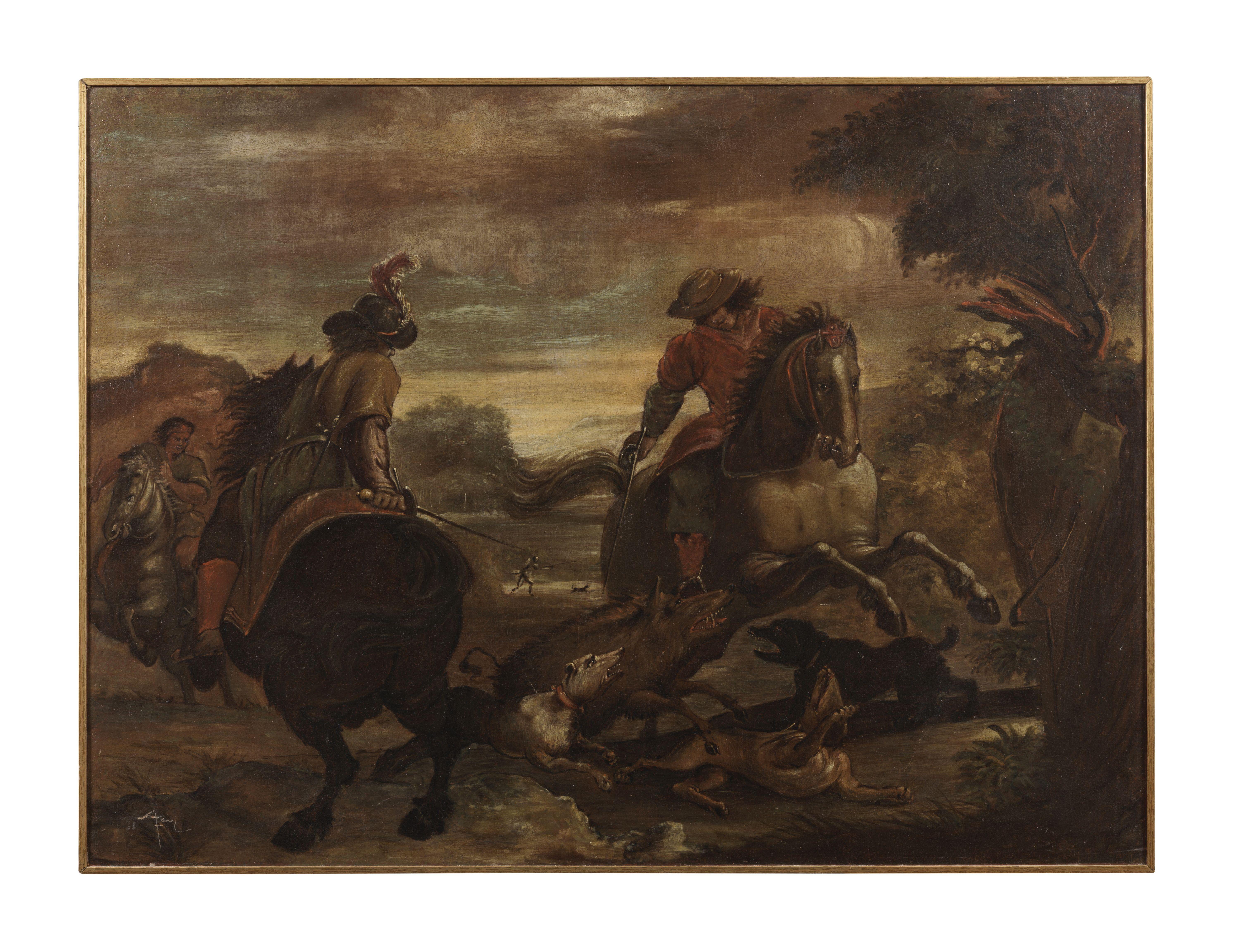 17th Century Hunting Scene Flemish School Battle Dogs Horses Oil on Canvas Red - Painting di Unknown