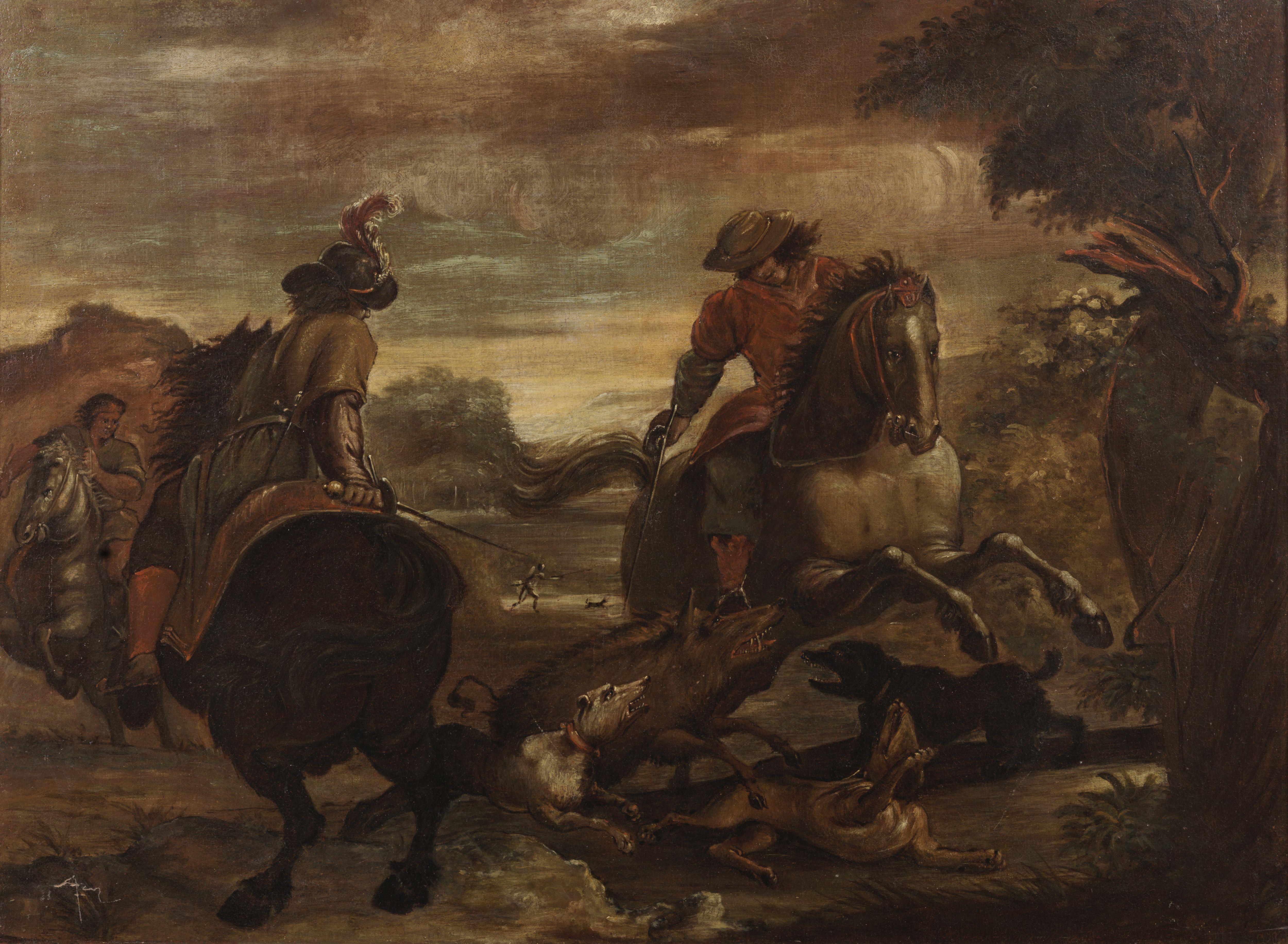 17th Century Hunting Scene Flemish School Battle Dogs Horses Oil on Canvas Red - Painting Scuola fiamminga di Unknown