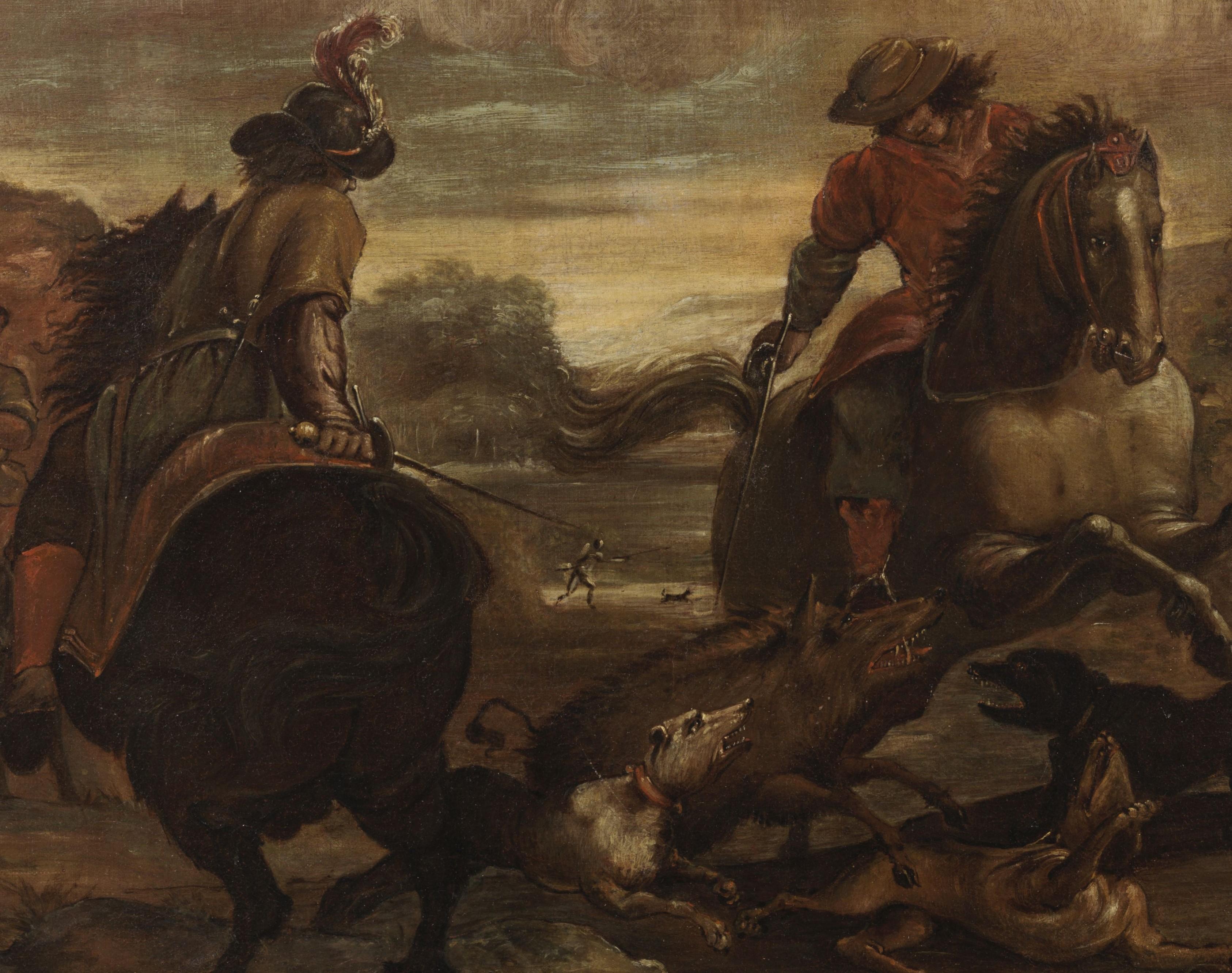 Painting, oil on canvas, measuring 75 x 103 cm without frame and 82 x 110 cm with frame, of the Flemish school depicting a hunting scene.

The confident outline of the almost drawn and strongly chiaroscuro brushstrokes reveals a graphic preparation