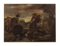 Antique 17th Century Hunting Scene Flemish School Battle Dogs Horses Oil on Canvas Red