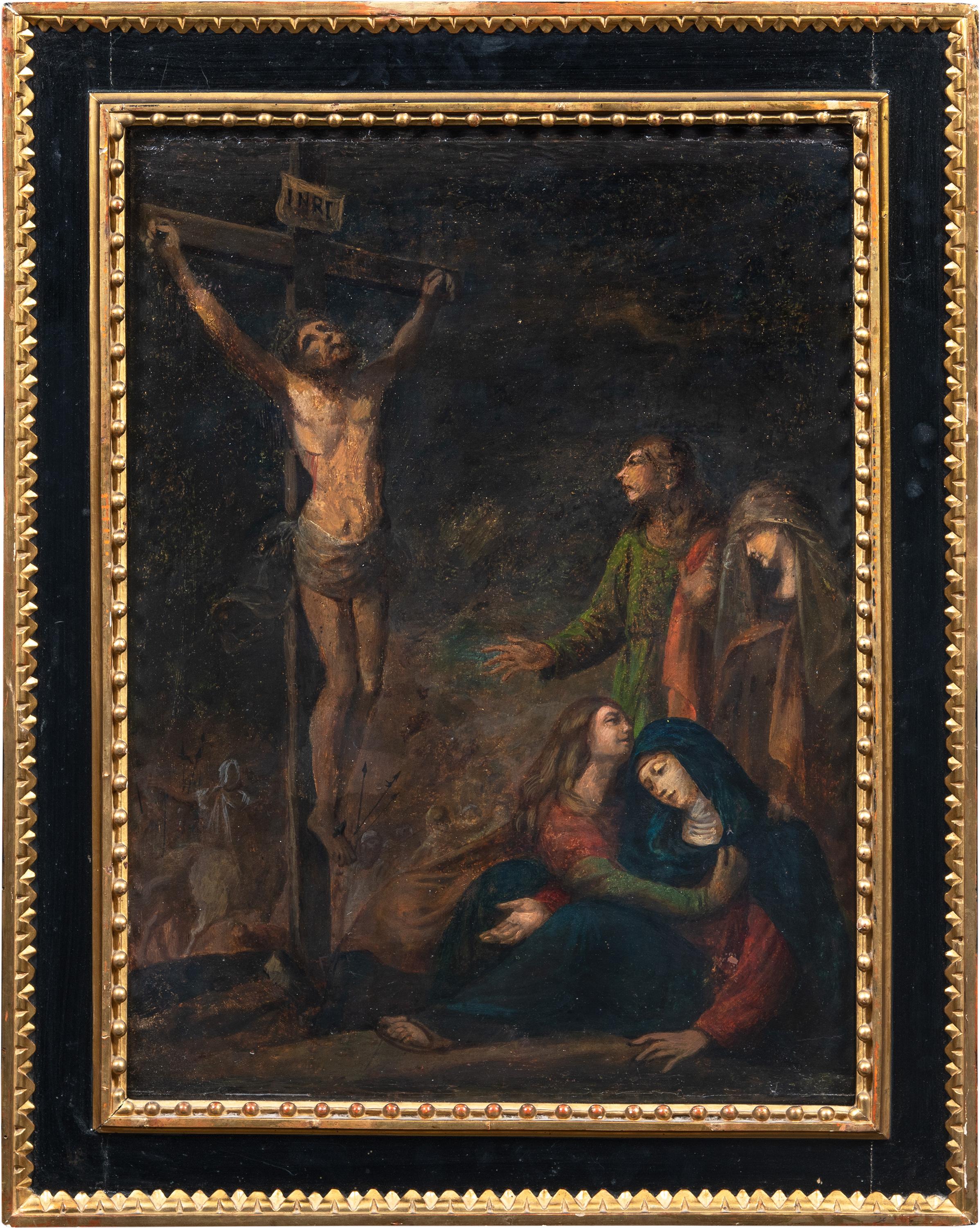 Unknown Figurative Painting - 17th century Italian figure painting - Crucifixion - Oil on panel Italy