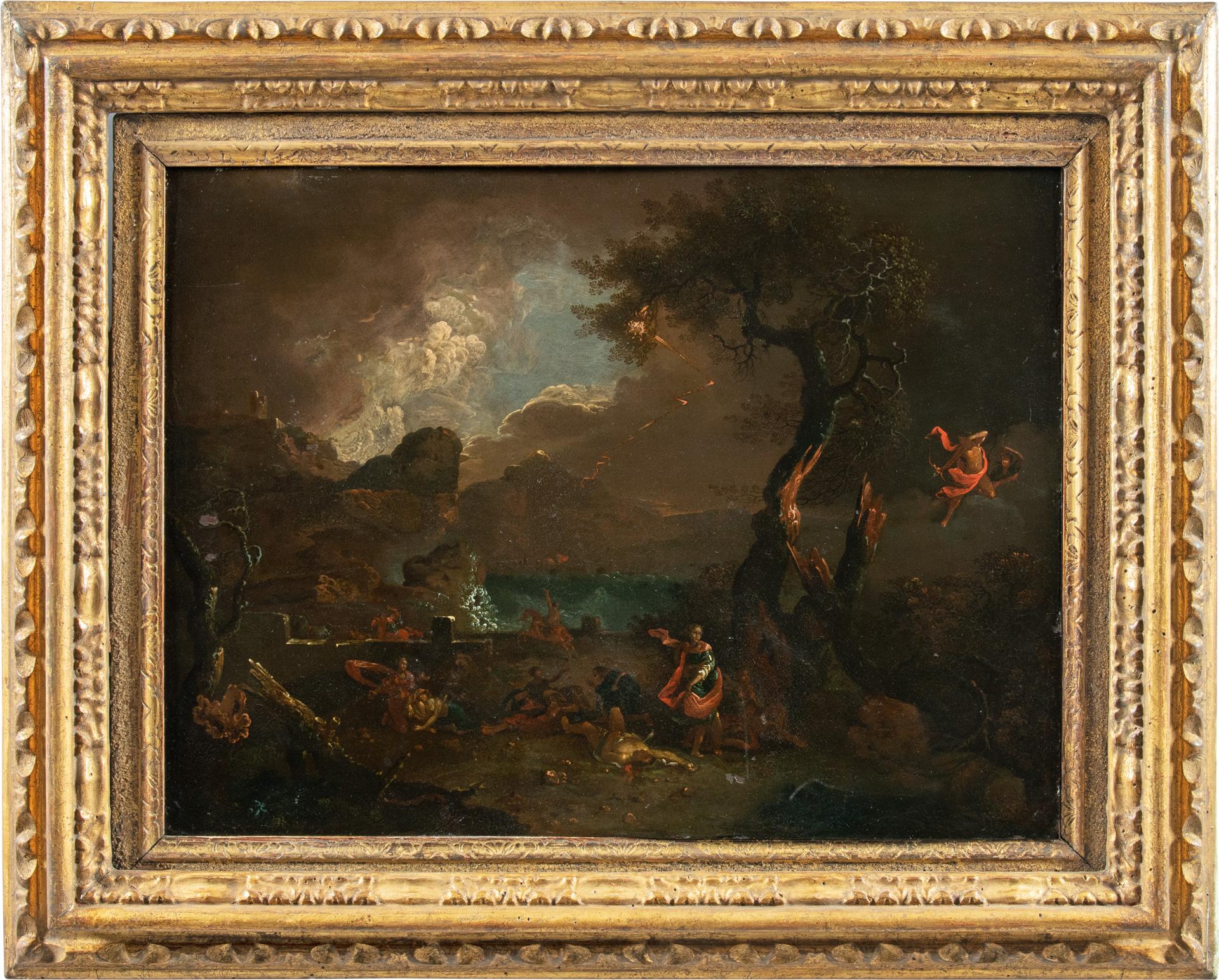 Unknown Landscape Painting - 17th century Italian figure painting - Fall of Fetonte - Oil on copper Landscape