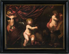 Antique 17th century Italian figure painting - Putti still life - Oil on canvas Italy