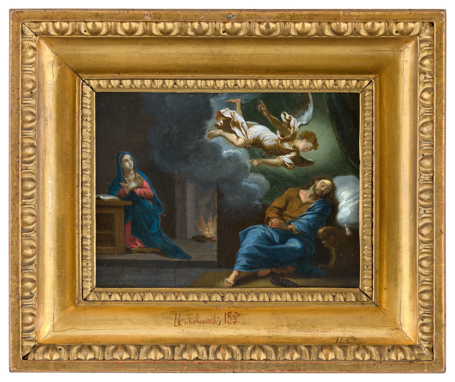 Unknown Interior Painting - 17th century Italian figure painting - Saint Joseph Annunciation - Oil on copper