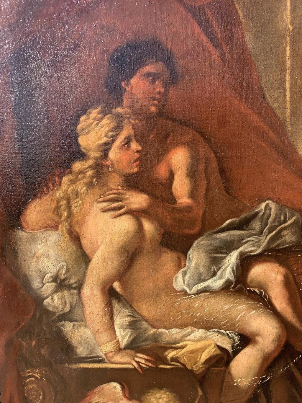 Italian master of the 17th century. - Aphrodite and Ares imprisoned by Hephaestus at the behest of Zeus.

125 x 152 cm without frame, 140 x 167 cm with frame.

Oil on canvas, in a carved, gilded and painted wooden frame. 
