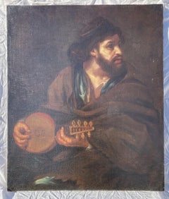 17th century Italian figure panting - Lute player - Oil on canvas Baroque Italy