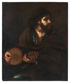 17th century Italian figure panting - Lute player - Oil on canvas Baroque Italy