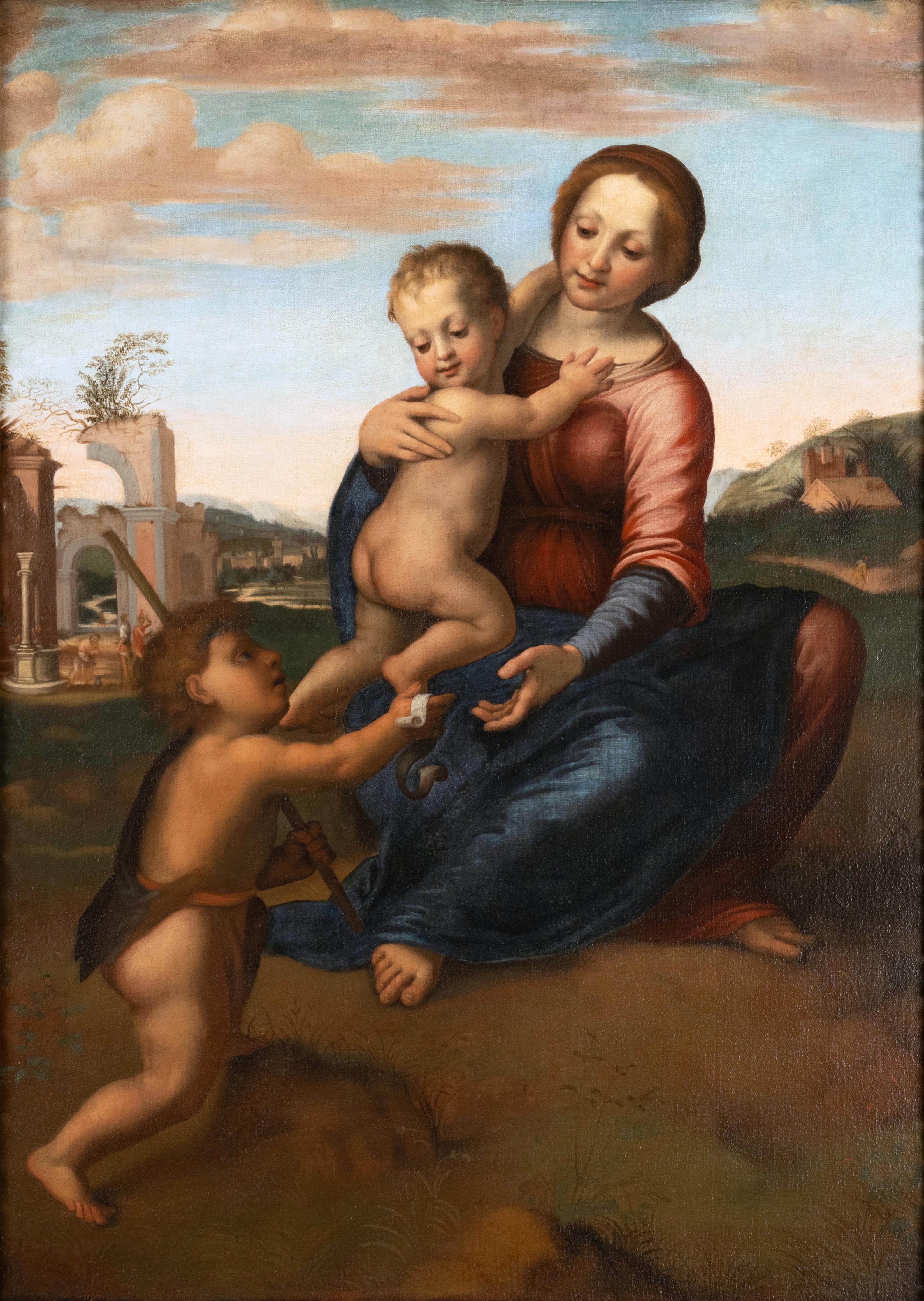 Escuela italiana del siglo XVII, La Virgen y el Niño con San Juan Bautista - Painting de Unknown