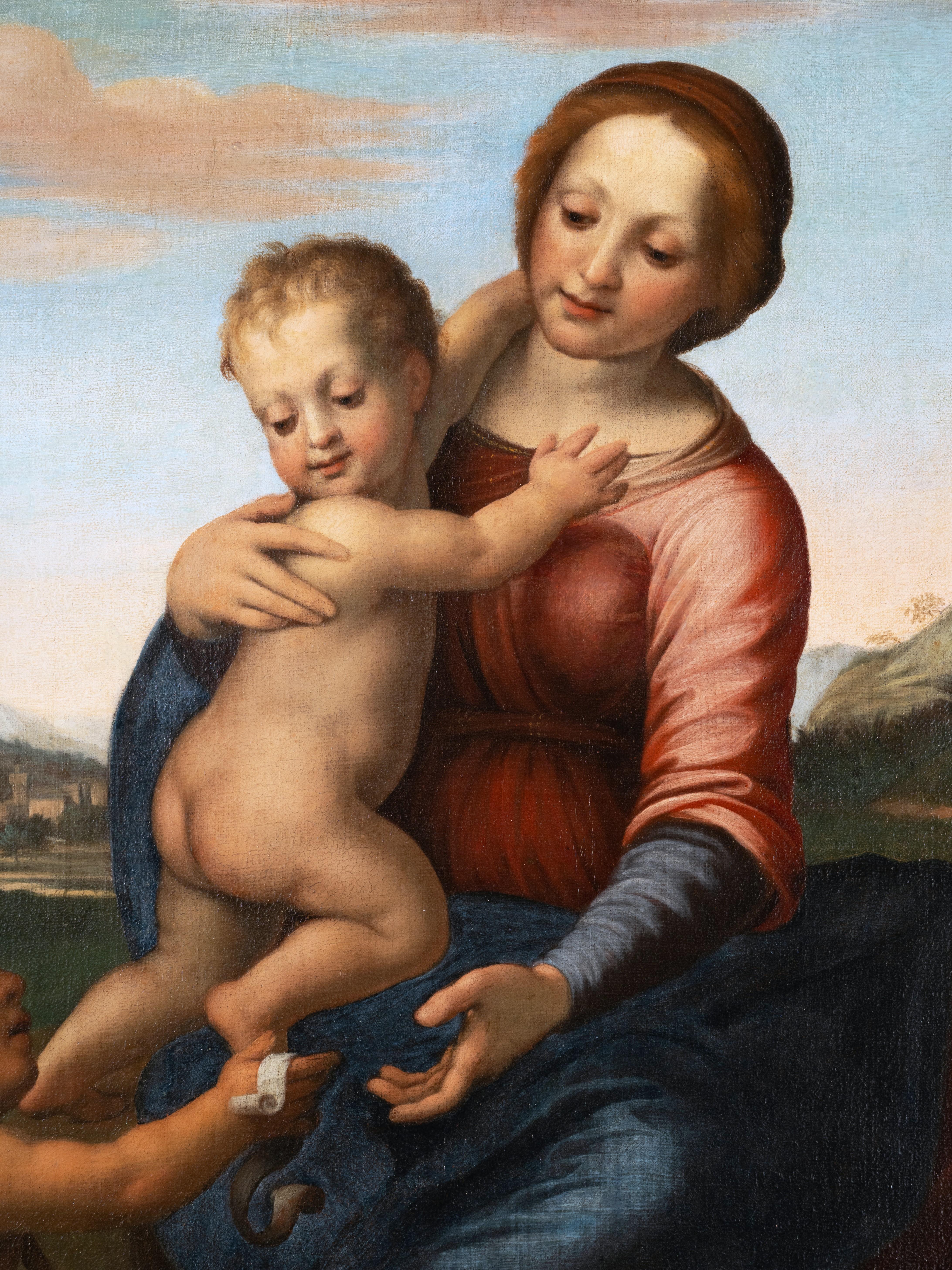 Escuela italiana del siglo XVII, La Virgen y el Niño con San Juan Bautista - Figurative Painting Marrón de Unknown