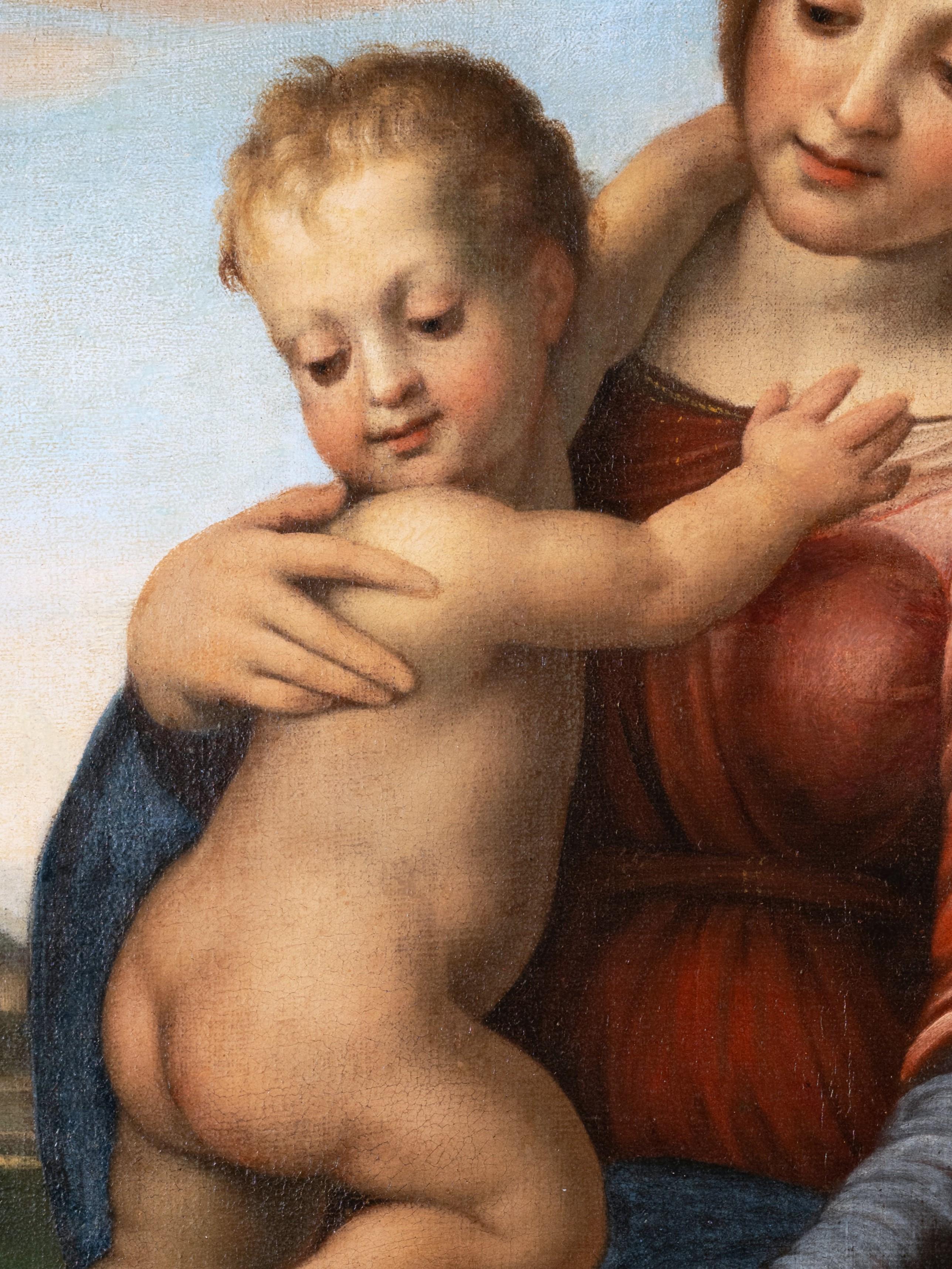 Escuela italiana del siglo XVII 
La Virgen y el Niño con San Juan Bautista
Óleo sobre lienzo
Dimensiones: h. 106 cm, l. 77 cm
Importante madera dorada tallada italiana del siglo XVII  marco
Dimensiones enmarcado: h. 136 cm, l. 107 cm

Basada en la