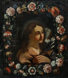 Óleo del siglo XVII - María rodeada de flores