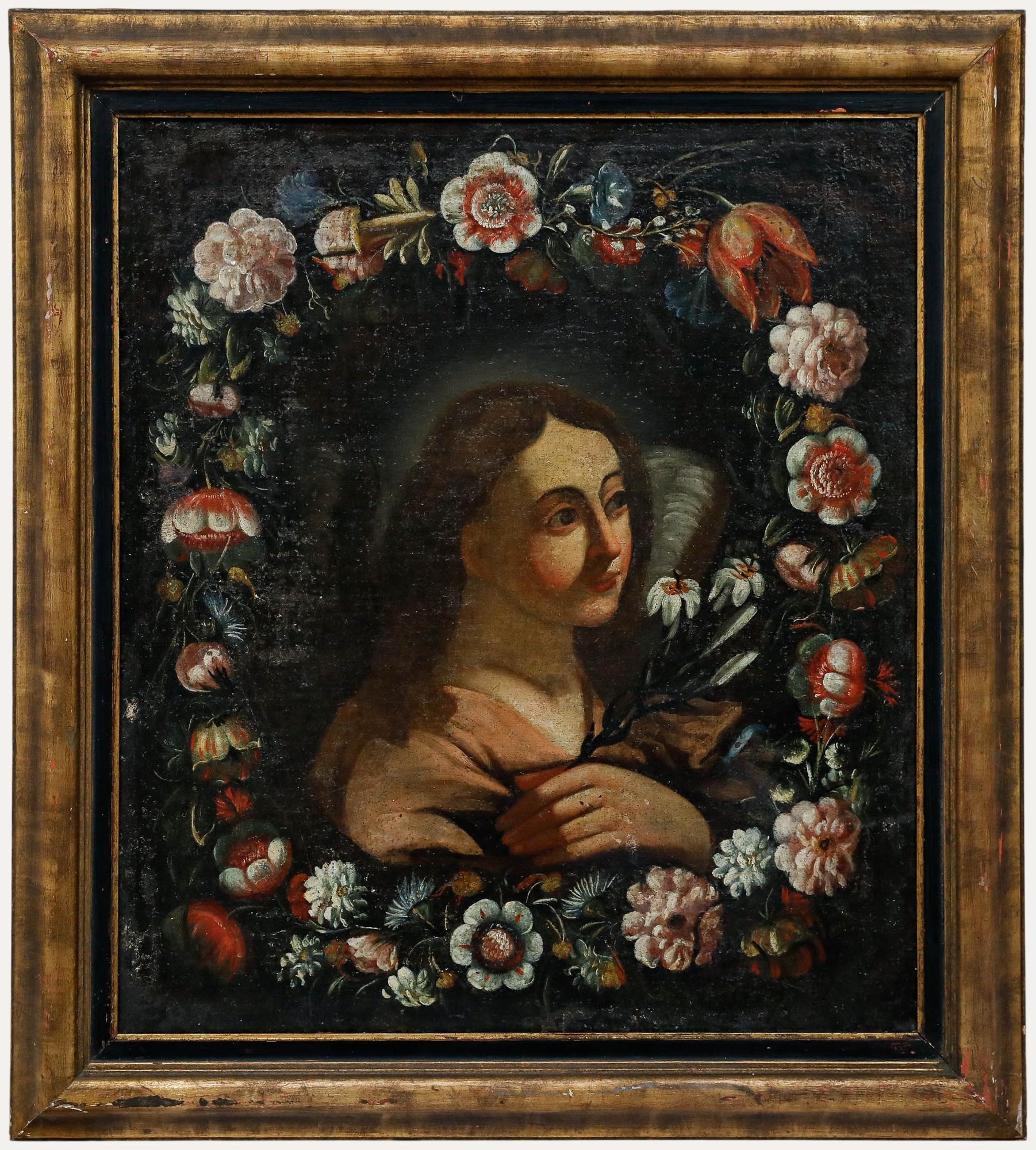 Unknown Figurative Painting - 17th Century Oil - Mary Surrounded by Flowers