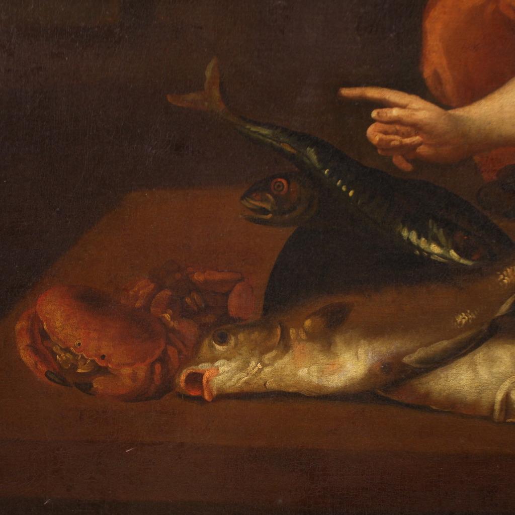 17th Century Oil on Canvas Antique Flemish Interior Scene Painting Fish Seller 8