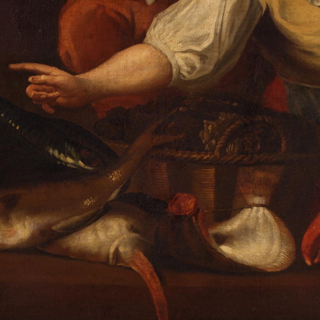 17th Century Oil on Canvas Antique Flemish Interior Scene Painting Fish Seller 11