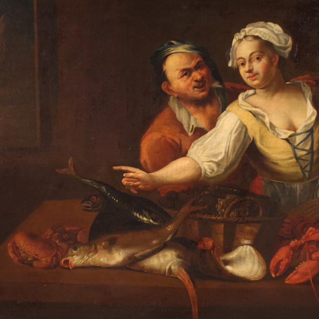 17th Century Oil on Canvas Antique Flemish Interior Scene Painting Fish Seller 1