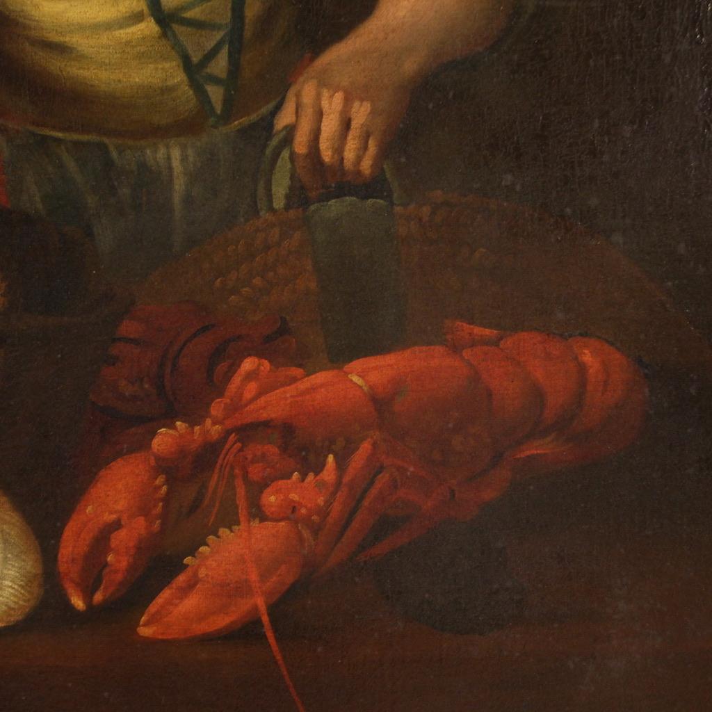17th Century Oil on Canvas Antique Flemish Interior Scene Painting Fish Seller 6