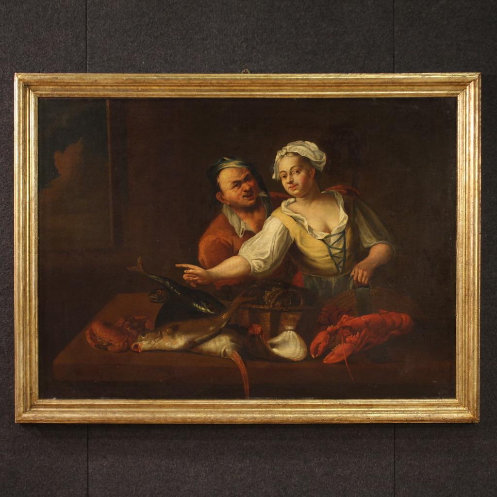 Still-Life Painting di Unknown - 17th Century Oil on Canvas Antique Flemish Interior Scene Painting Fish Seller