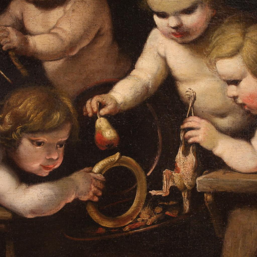 huile sur toile du 17e siècle Peinture ancienne Jeu d'angelots Ecole Rudolphine, 1670 10