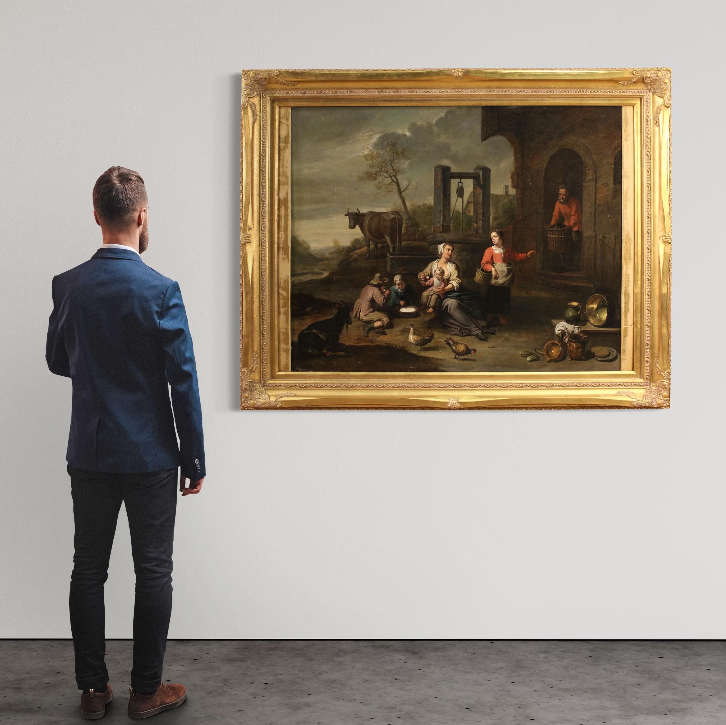 17th Century Oil on Canvas Flemish Antique Painting Genre Scene, 1670 - Figurative Painting Black di Unknown