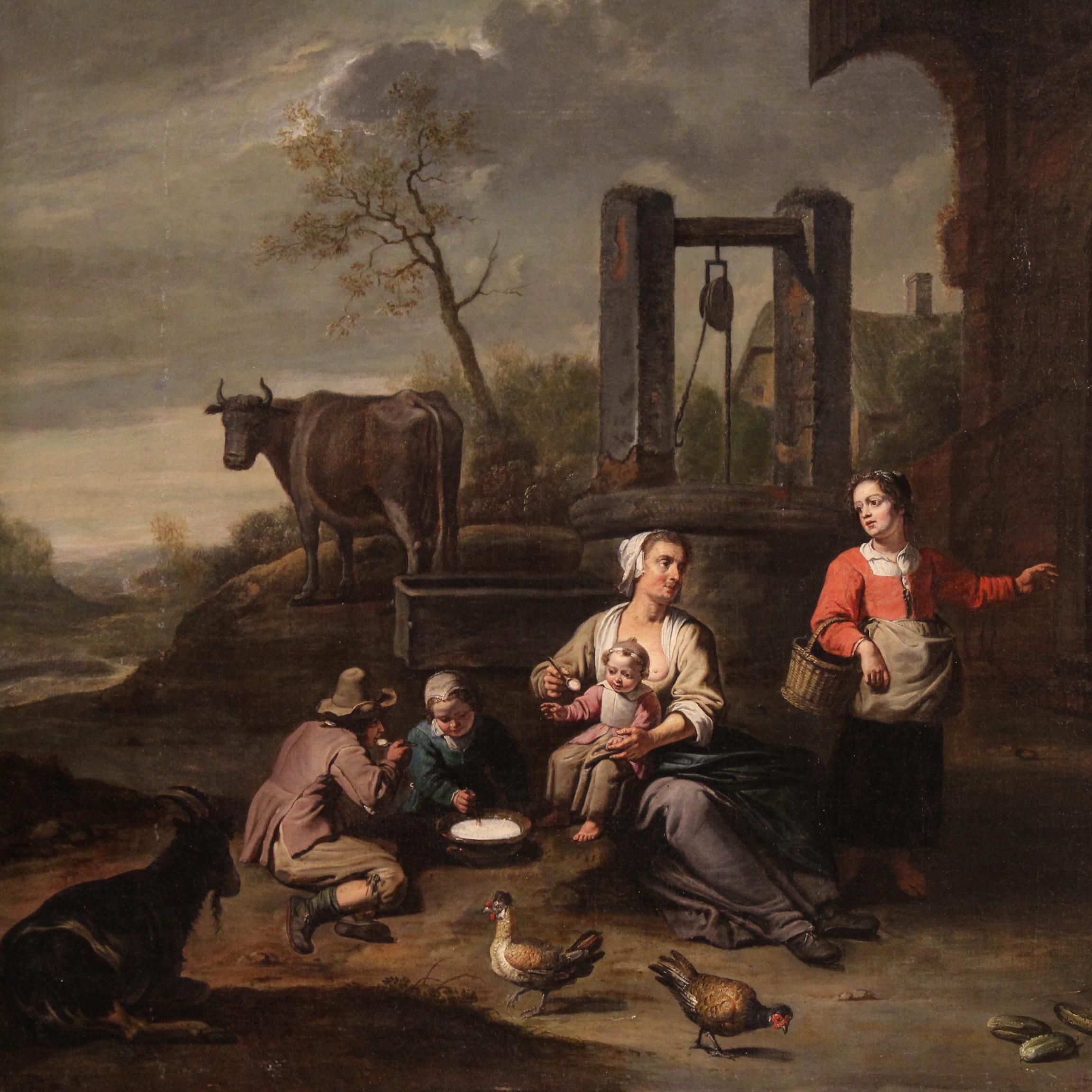 A magnificent 17th-century Flemish painting. This painting oil on canvas depicts a genre scene of extraordinary pictorial quality. The painting is set in front of a country house near a stone well. The subject is dominated by a family group, where