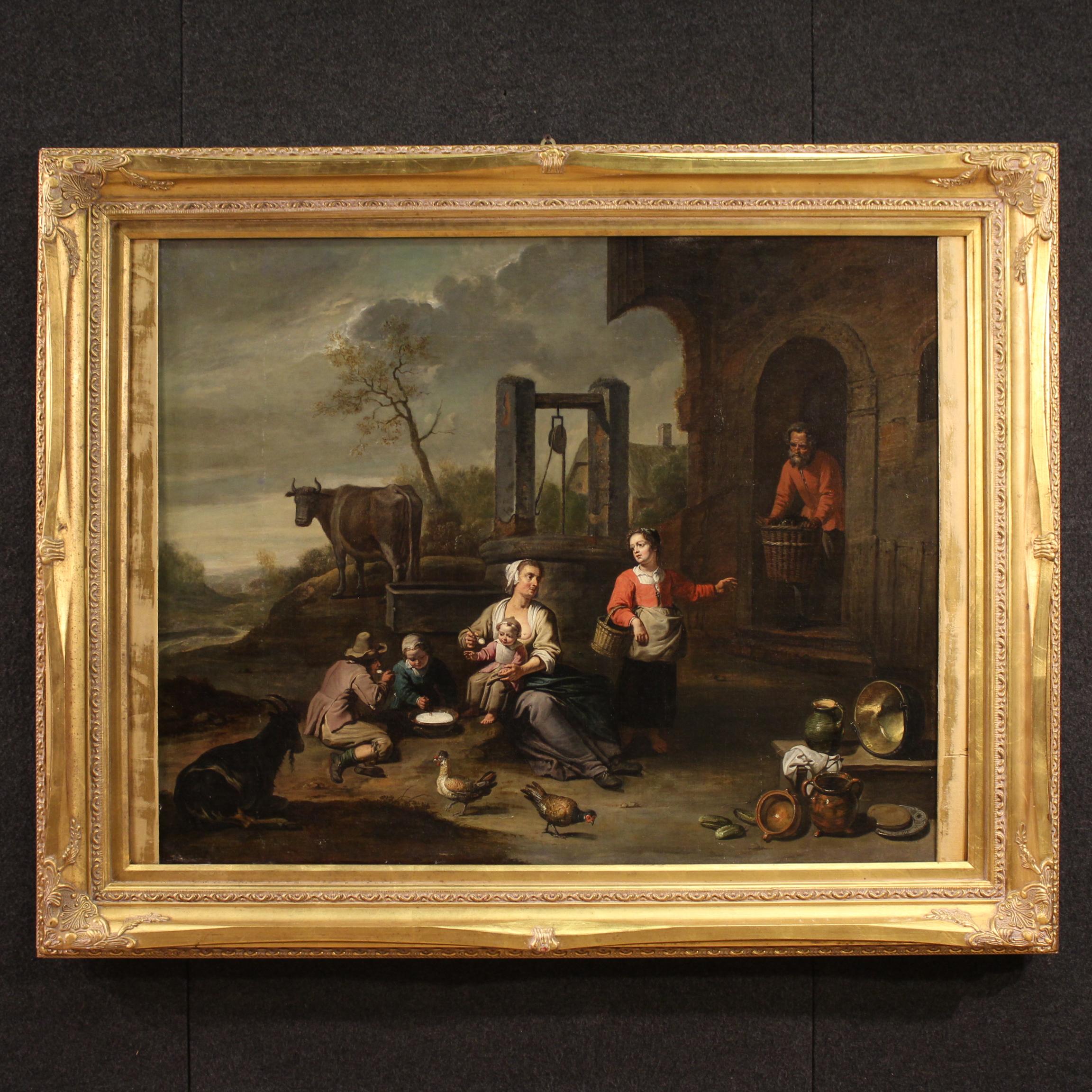 17th Century Oil on Canvas Flemish Antique Painting Genre Scene, 1670