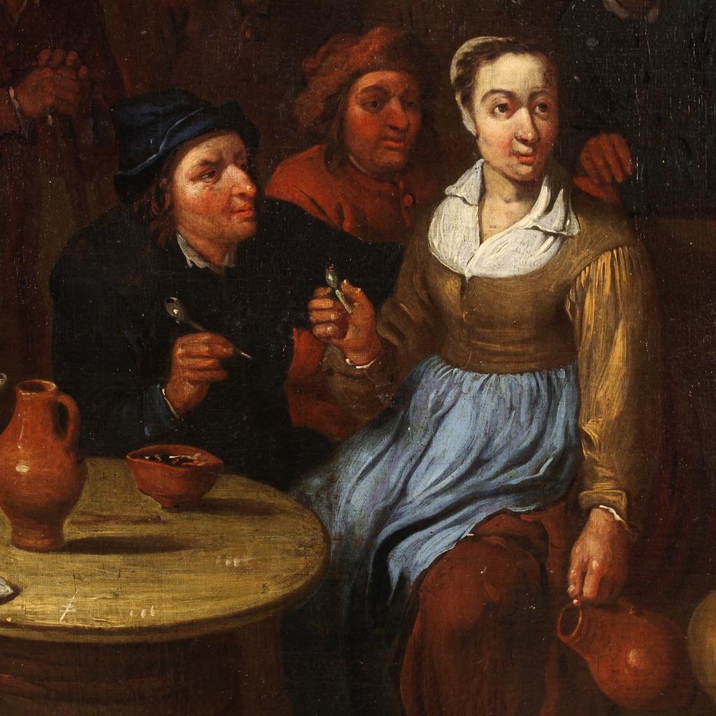 17th Century Oil on Canvas Flemish Antique Tavern Interior Painting Genre Scene 7