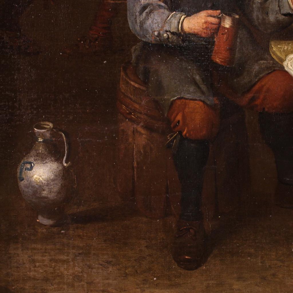 17th Century Oil on Canvas Flemish Antique Tavern Interior Painting Genre Scene 8